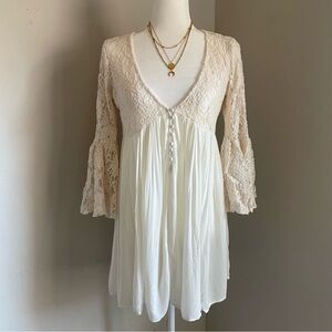 Umgee Ivory Lace Boho Fairy Dress with Bell Sleeves and V-neck Button Details